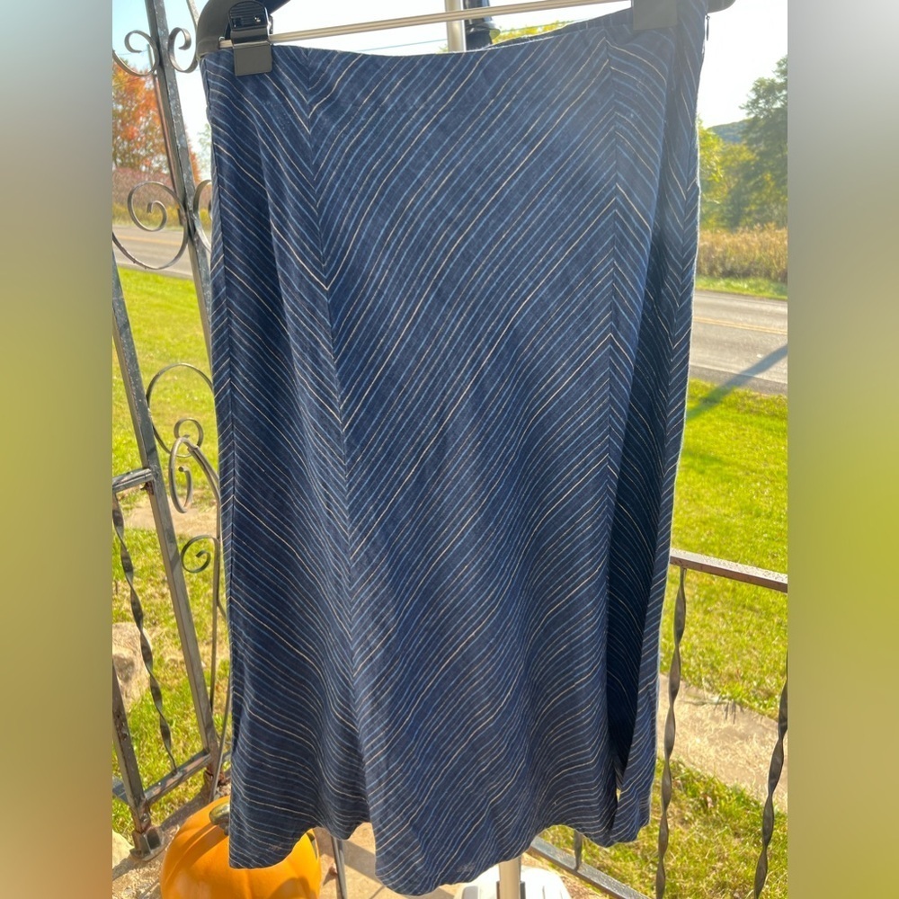J Jill Love Linen Blue Striped Panelled Skirt MP Womens A-line Elastic Back Long